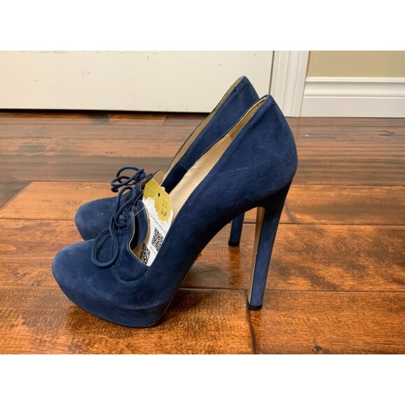 Prada Blue Suede Calzature Donna Lace-Up Platform Heels, Sz 7.5 (US) 37.5 (EU) - Picture 5 of 9